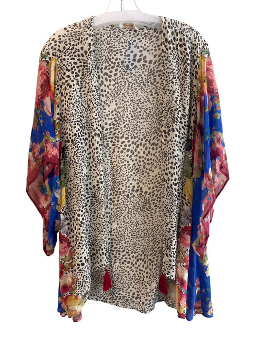 Johnny Was Size Medium Blue, Red & Multi Silk Open Front Floral Short Kimono Blue, Red & Multi / Medium