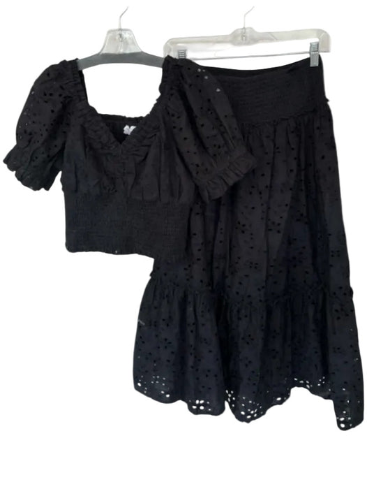 Jennifer Grace Size S Black Cotton Short Balloon Sleeve Eyelet Maxi Skirt Set Black / S