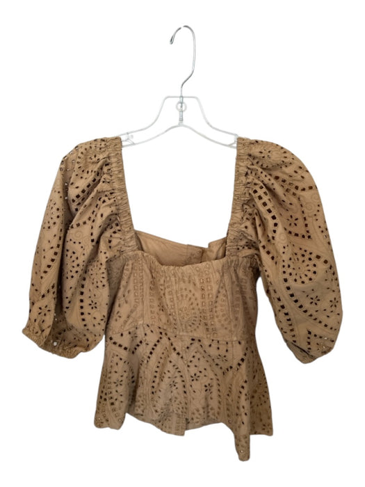 Ganni Size 36 Tan Cotton 3/4 Balloon Sleeve Cut Outs Button Down Cropped Top Tan / 36