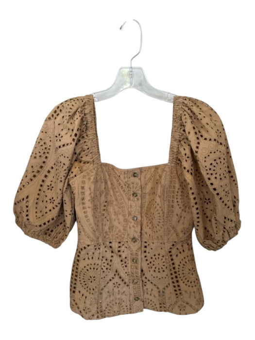 Ganni Size 36 Tan Cotton 3/4 Balloon Sleeve Cut Outs Button Down Cropped Top Tan / 36