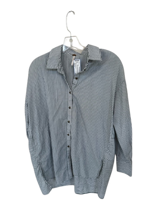 Free People Size XS Green & White Cotton Long Sleeve Striped Button Down Top Green & White / XS