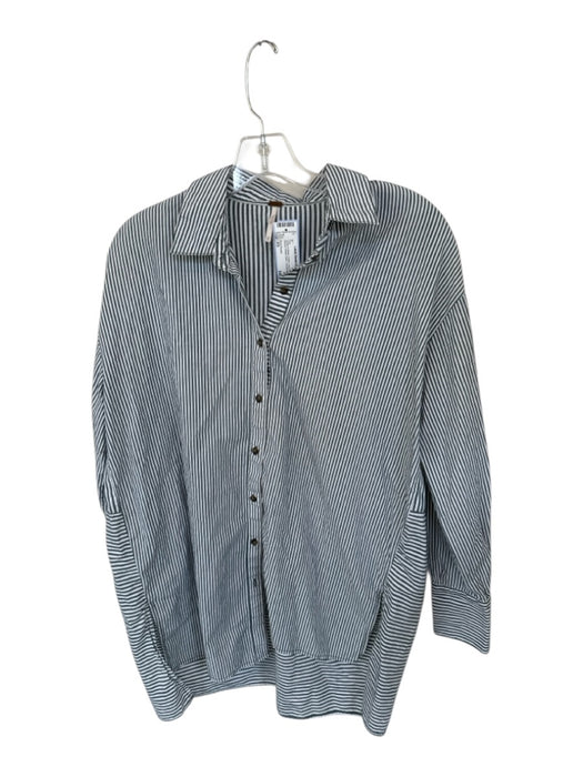 Free People Size XS Green & White Cotton Long Sleeve Striped Button Down Top Green & White / XS