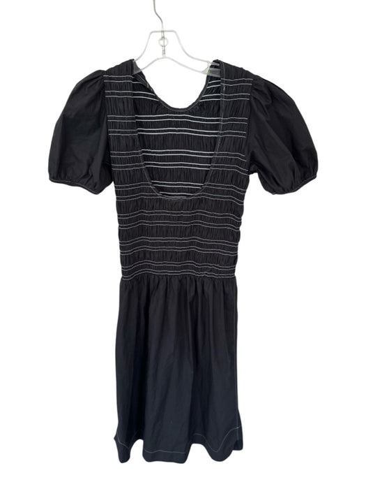 Ganni Size 36/S White & Black Cotton Short Balloon Sleeve smocked Low Back Dress White & Black / 36/S