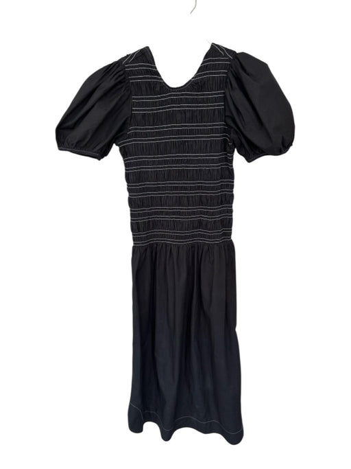 Ganni Size 36/S White & Black Cotton Short Balloon Sleeve smocked Low Back Dress White & Black / 36/S