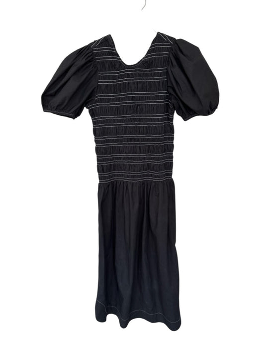 Ganni Size 36/S White & Black Cotton Short Balloon Sleeve smocked Low Back Dress White & Black / 36/S