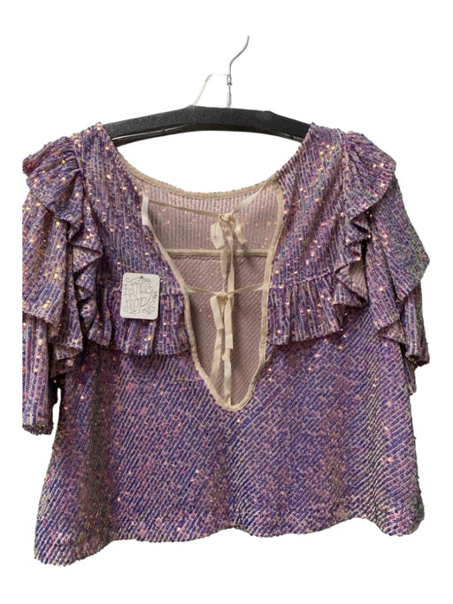 Free People Size M Purple & Multi Polyester Boat Neck Semi Sheer Sequin Top Purple & Multi / M