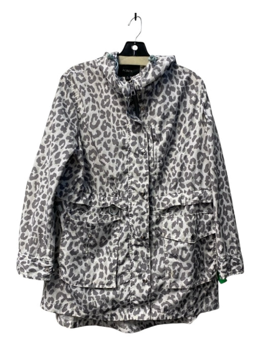 J Crew White & Gray Polyester Hood Long Sleeve Cheetah Raincoat White & Gray / S