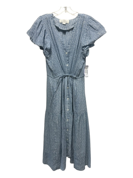 Trovata Birds of Paradis Size S Blue & White Ramie Blend Drawstring Waist Dress Blue & White / S