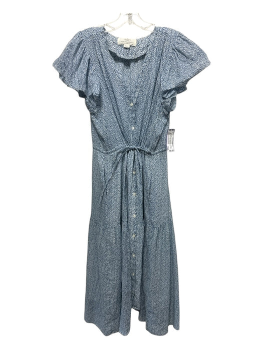 Trovata Birds of Paradis Size S Blue & White Ramie Blend Drawstring Waist Dress Blue & White / S