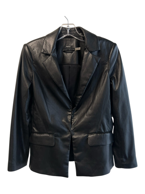 Alice & Olivia Size 6 Black Faux Leather Hook Closure Lapel Faux Pocket Jacket Black / 6