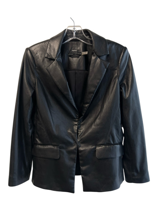 Alice & Olivia Size 6 Black Faux Leather Hook Closure Lapel Faux Pocket Jacket Black / 6