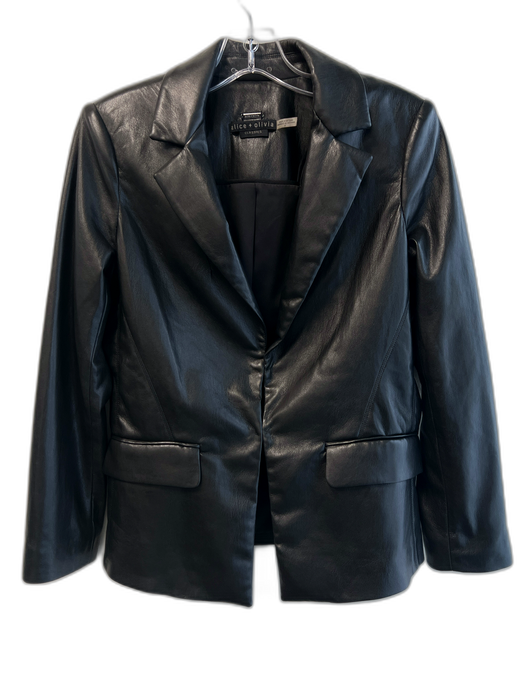 Alice & Olivia Size 6 Black Faux Leather Hook Closure Lapel Faux Pocket Jacket Black / 6
