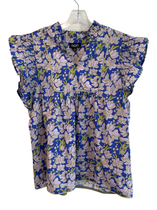 Gigio Size S Blue & Green Cotton Cap Sleeve Floral Print V Neck Ruffle Top Blue & Green / S