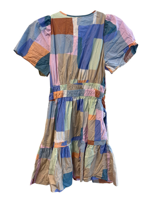 Anthropologie Size Medium Multi Cotton Short Sleeve Squares V Neck Dress Multi / Medium