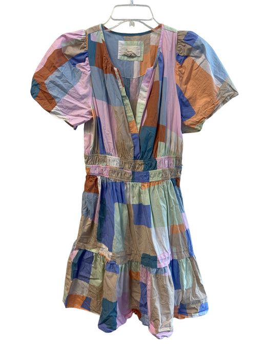 Anthropologie Size Medium Multi Cotton Short Sleeve Squares V Neck Dress Multi / Medium