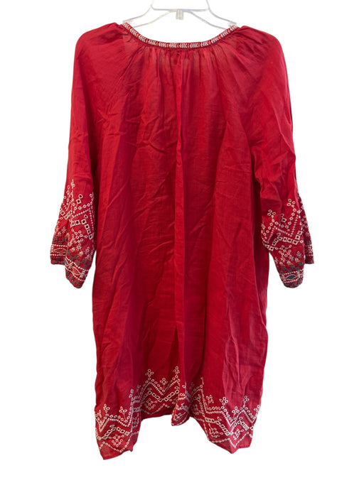 Johnny Was Size L Red Ramie Long Sleeve Floral Embroidery V Neck Dress Red / L