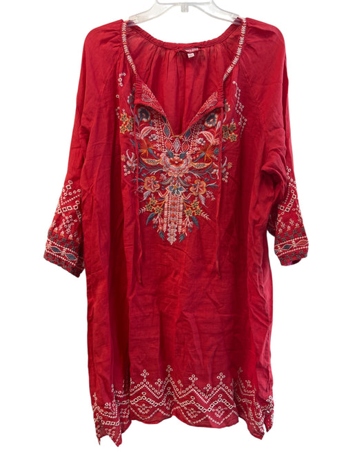 Johnny Was Size L Red Ramie Long Sleeve Floral Embroidery V Neck Dress Red / L