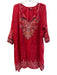 Johnny Was Size L Red Ramie Long Sleeve Floral Embroidery V Neck Dress Red / L