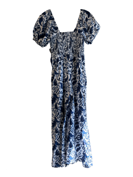 Cleobella Size XS Blue & White Abstract Floral Off Shoulder Jumpsuit Blue & White / XS