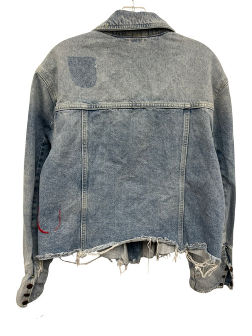 Free People Size L Medium Wash Cotton Denim Long Sleeve Zip Up Pleats Jacket Medium Wash / L