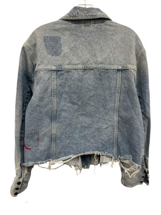 Free People Size L Medium Wash Cotton Denim Long Sleeve Zip Up Pleats Jacket Medium Wash / L