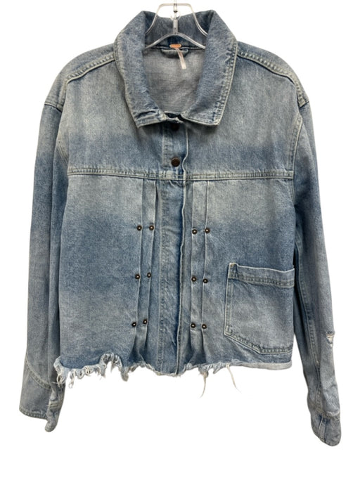 Free People Size L Medium Wash Cotton Denim Long Sleeve Zip Up Pleats Jacket Medium Wash / L