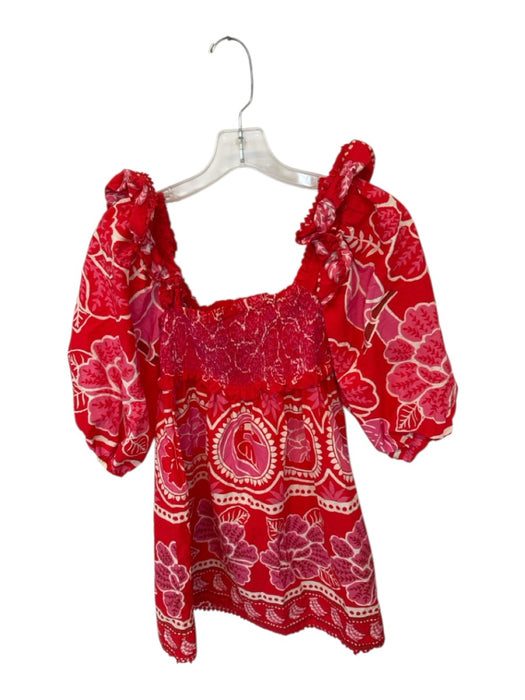 Farm Rio Size XS Red & Pink Cotton 3/4 Balloon Sleeve smocked Flowers Dress Red & Pink / XS