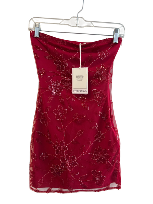 Peppermayo Size XS Red Polyester Strapless Beaded Sheer Overlay Mini Dress Red / XS