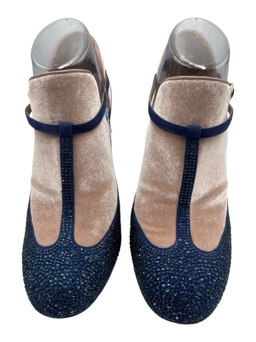 Valentino Shoe Size 40 Navy & Beige Suede Jeweled T Strap Almond Toe Pumps Navy & Beige / 40