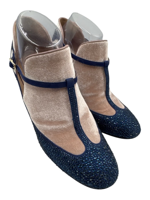 Valentino Shoe Size 40 Navy & Beige Suede Jeweled T Strap Almond Toe Pumps Navy & Beige / 40