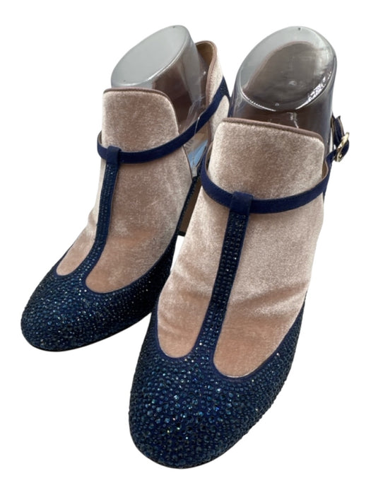 Valentino Shoe Size 40 Navy & Beige Suede Jeweled T Strap Almond Toe Pumps Navy & Beige / 40