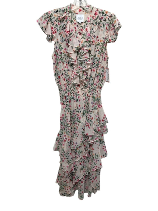 Misa Size M Beige, Green, Pink Polyester Smocked Waist Band Floral Flounce Dress Beige, Green, Pink / M