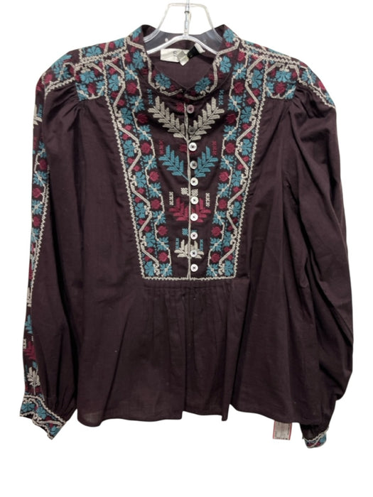 Sea New York Size XS Brown, Blue, & Red Cotton Long puff sleeve Embroidered Top Brown, Blue, & Red / XS