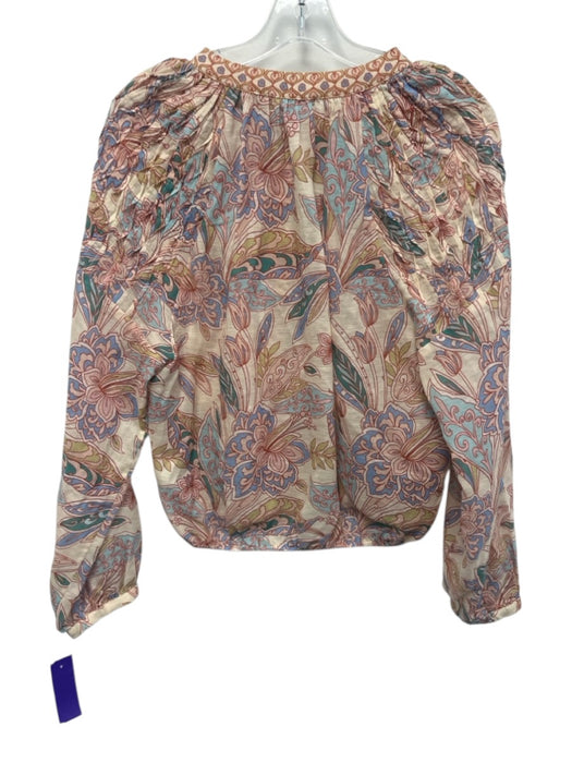 Caballero Size M Beige, Blue, Green Tencel & Linen Pintuck Floral Tie Neck Top Beige, Blue, Green / M