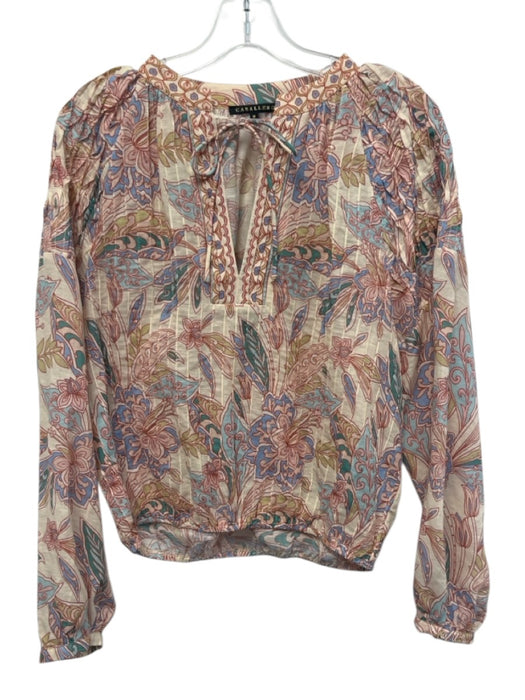 Caballero Size M Beige, Blue, Green Tencel & Linen Pintuck Floral Tie Neck Top Beige, Blue, Green / M