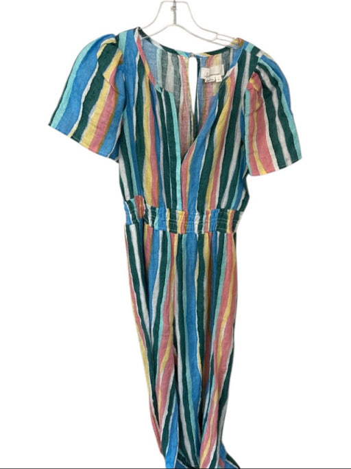By Anthropologie Size S Multi Linen Striped V Neck Smocked Waist Jumper Multi / S