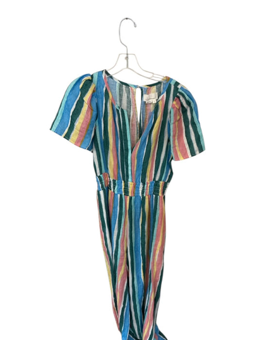 By Anthropologie Size S Multi Linen Striped V Neck Smocked Waist Jumper Multi / S