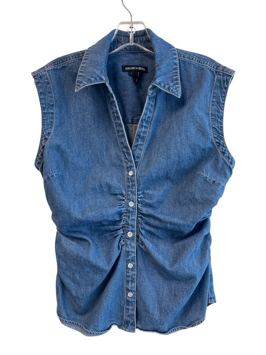 Veronica Beard Size 6 Blue Cotton Sleeveless V Neck Bunched Button Down Top Blue / 6