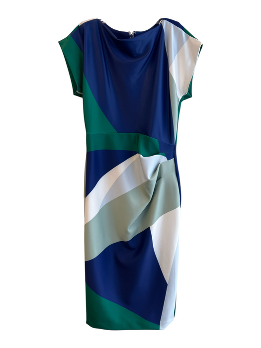 Donna Karan Size 4 Blue Green & Multi Polyester Short Sleeve Color Block Dress Blue Green & Multi / 4