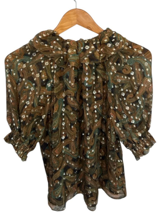Ulla Johnson Size 2 Brown & Green Silk Short Balloon Sleeve Paisley metallic Top Brown & Green / 2