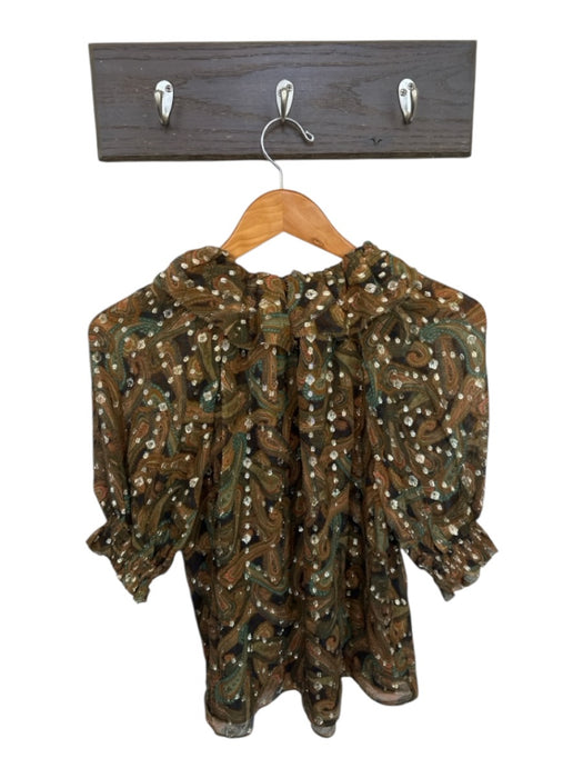 Ulla Johnson Size 2 Brown & Green Silk Short Balloon Sleeve Paisley metallic Top Brown & Green / 2