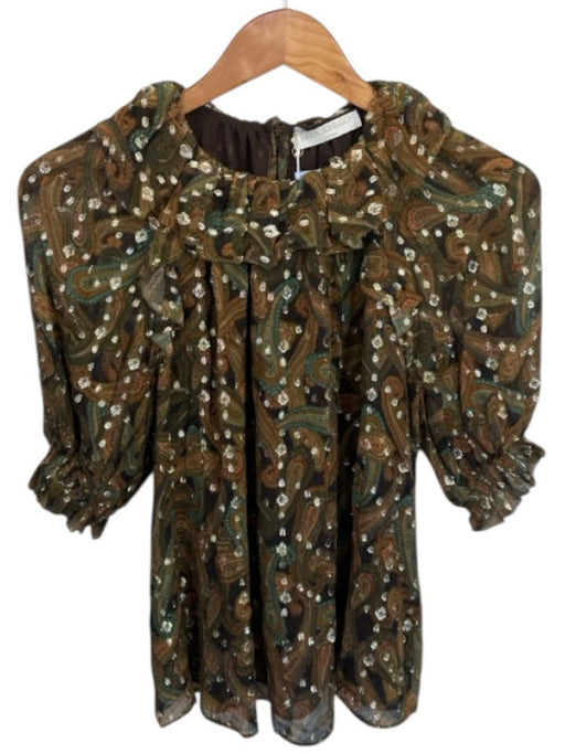 Ulla Johnson Size 2 Brown & Green Silk Short Balloon Sleeve Paisley metallic Top Brown & Green / 2