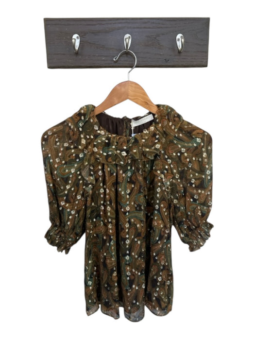 Ulla Johnson Size 2 Brown & Green Silk Short Balloon Sleeve Paisley metallic Top Brown & Green / 2