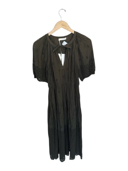 Ulla Johnson Size 6 Olive Green Cotton Short Balloon Sleeve Eyelet Maxi Dress Olive Green / 6