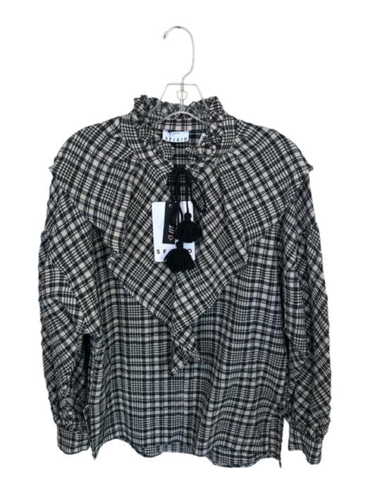 Sfizio Size 38 Black & Taupe Cotton Blend Long Sleeve Plaid Ruffles Top Black & Taupe / 38