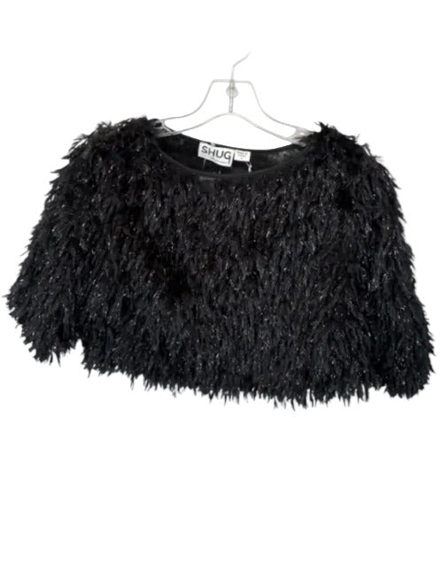 Shug! Size S Black Polyester Short Sleeve Fringe Metallic Cropped Top Black / S