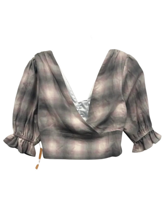 Koch Size XS Gray, Pink & white Cotton Plaid Short Puff Sleeve Button Front Top Gray, Pink & white / XS