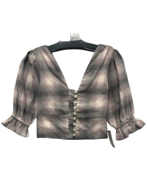 Koch Size XS Gray, Pink & white Cotton Plaid Short Puff Sleeve Button Front Top Gray, Pink & white / XS