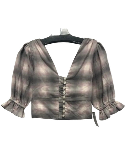 Koch Size XS Gray, Pink & white Cotton Plaid Short Puff Sleeve Button Front Top Gray, Pink & white / XS