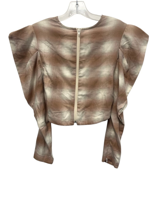 Koch Size S Pink & Beige Cotton Plaid Long Sleeve Puff Shoulder Crop Top Pink & Beige / S